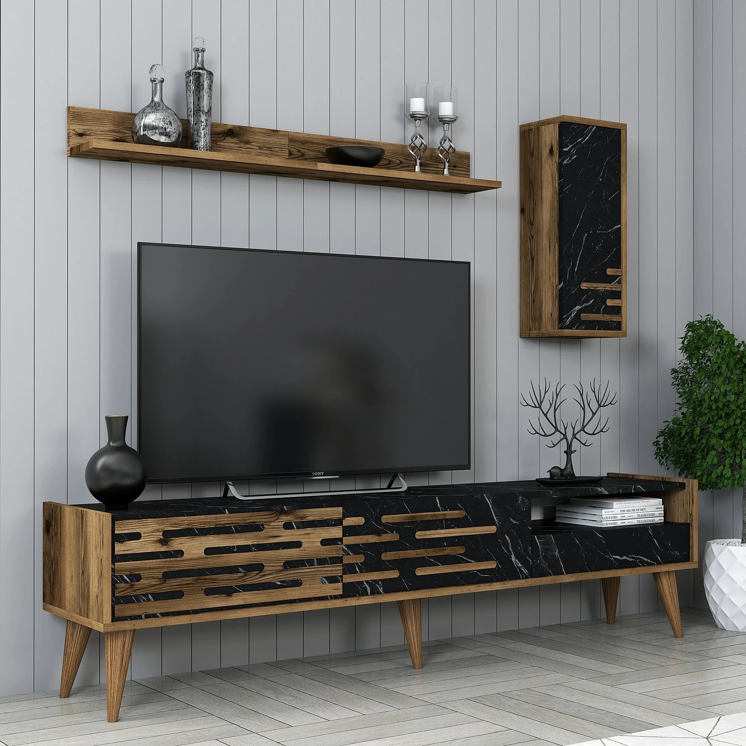 Komodë TV Hanah Home, Valensiya, ngjyrë arre, e zezë, mermer