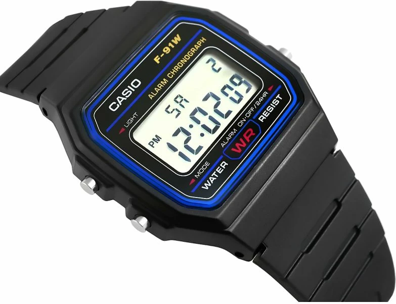 Orë dore për meshkuj CASIO F-91W, e zezë, me kuti