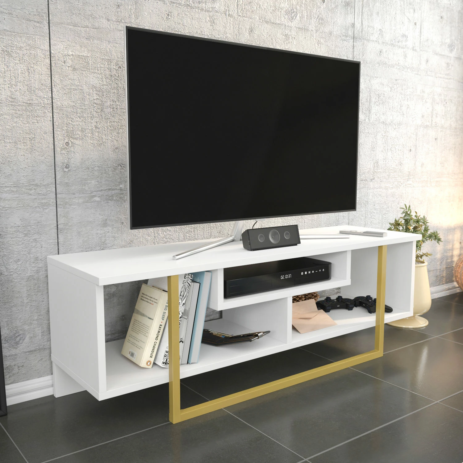 Komodë TV Hanah Home, Asal 120, ngjyrë ari dhe e bardhë