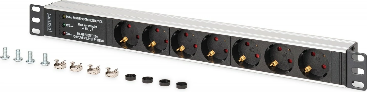 Shirit prizash PDU rack Digitus DN-95441 19\" 1U, 7x Schuko, kabllo 2m, 16A, mbrojtje nga rritjet e tensionit + filtër EMI/RFI, zi/argjendt