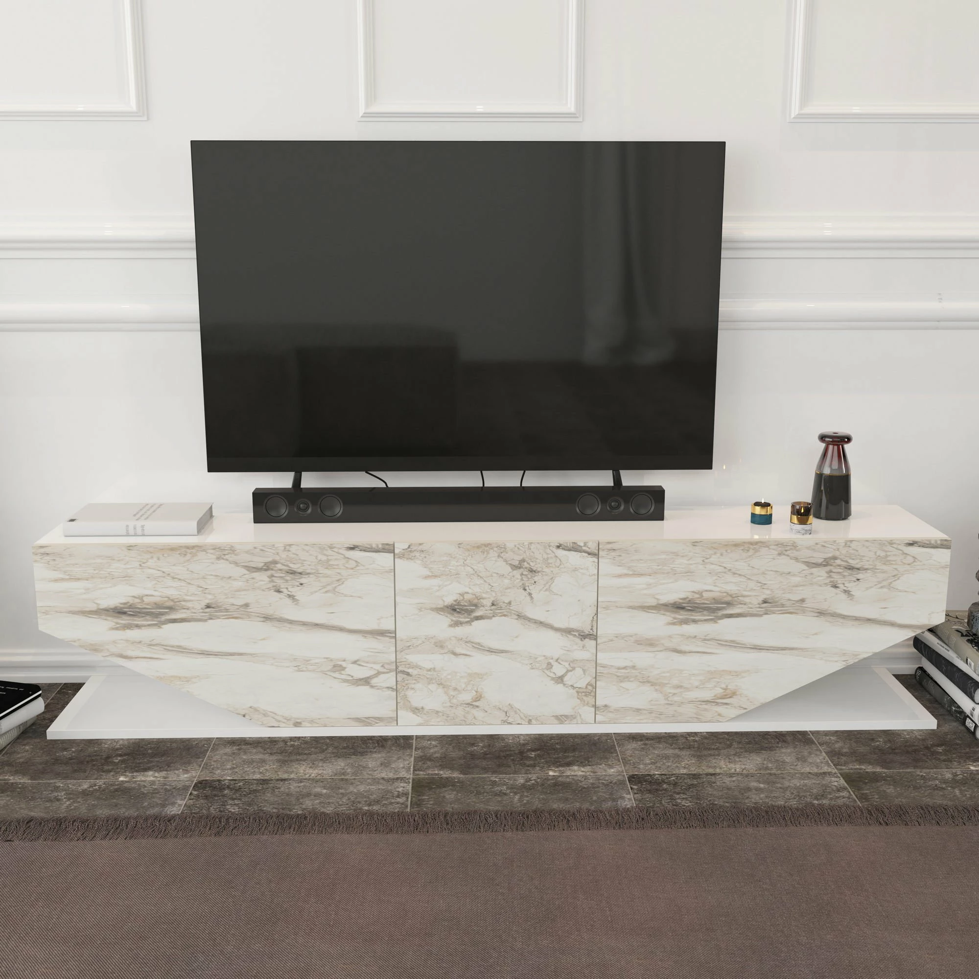 Komodë TV Hanah Home, Inci, ngjyrë mermeri e bardhë