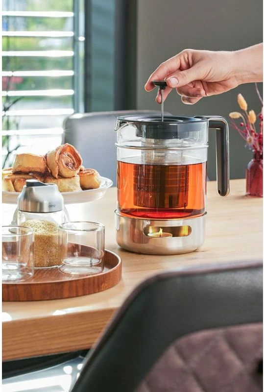 Çajnik GEFU T-PREP me ngrohës 1.5L, inox/transparente/zezë