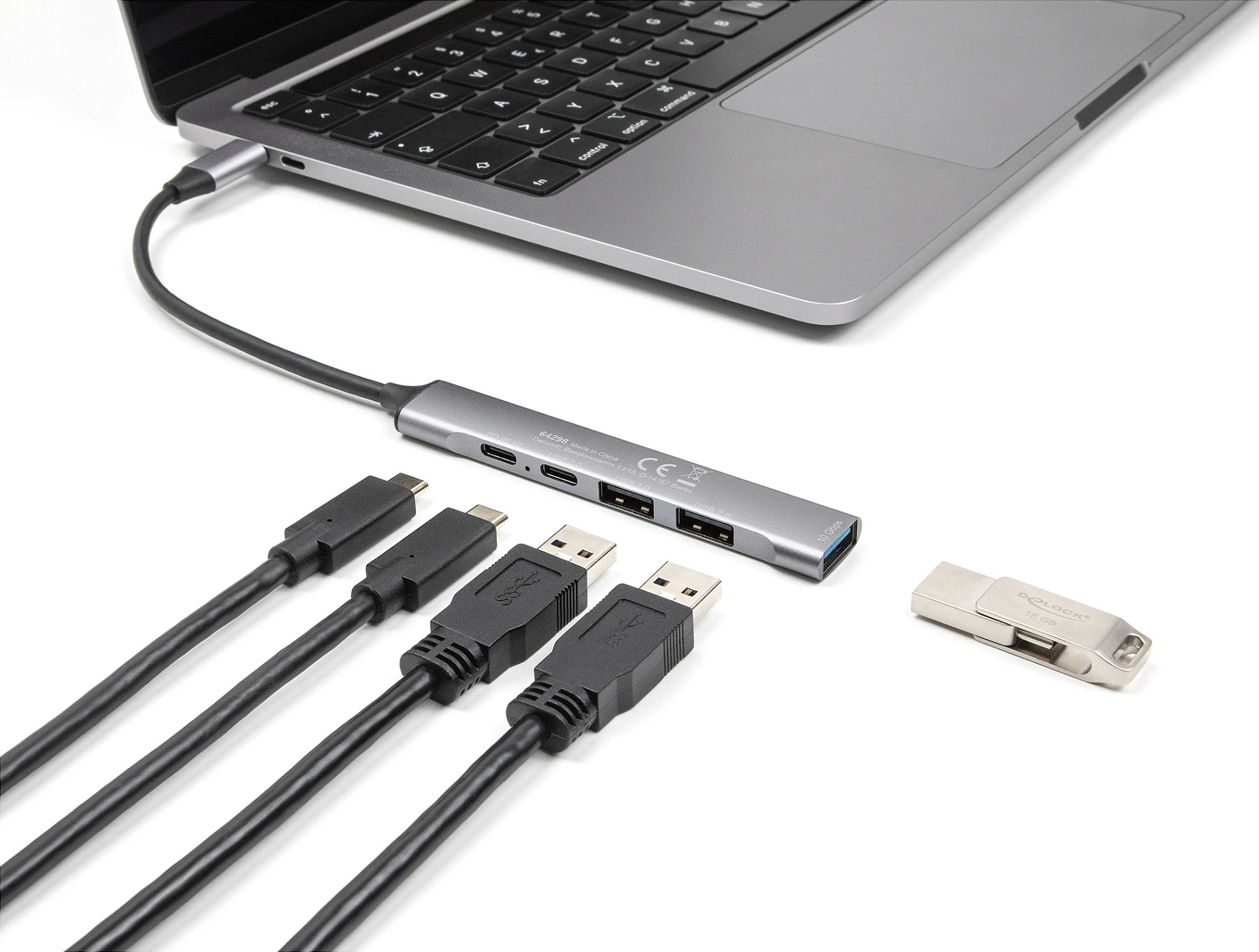 USB-C hub DeLOCK Slim 4-port, 1x USB-A 10Gbps + 2x USB-A 2.0 + USB-C PD 95W, gri