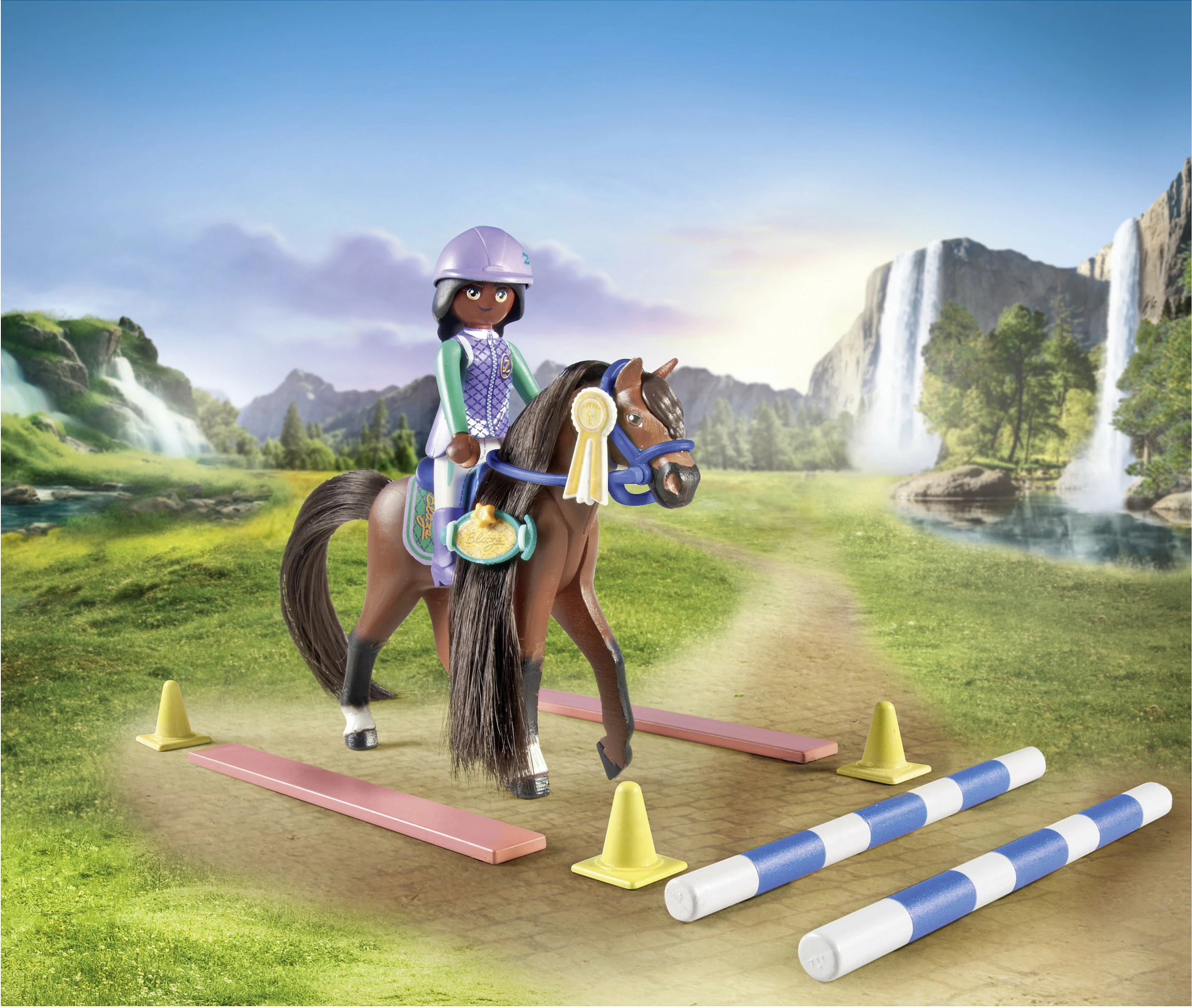 Set lodrash Playmobil 71355 Horses of Waterfall Zoe & Blaze, parcours turniri, 67 copë, shumëngjyrësh