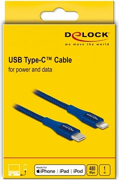 Kabllo DeLOCK USB-C në Lightning, 1 m, MFi, Fast Charge, e kaltër