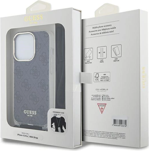 Mbështjellës Guess Crossbody Cord 4G Print për iPhone 15 Pro, zi