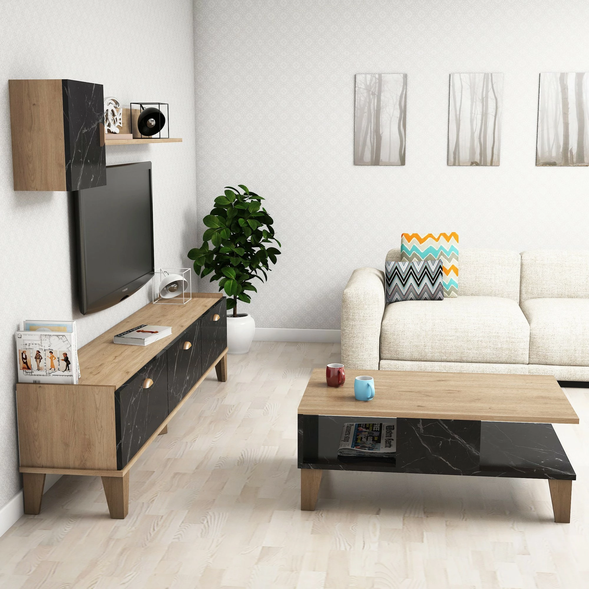 Set mobiljesh për dhomë dite Hanah Home, Sumer G5030, ngjyrë lis dhe mermer
