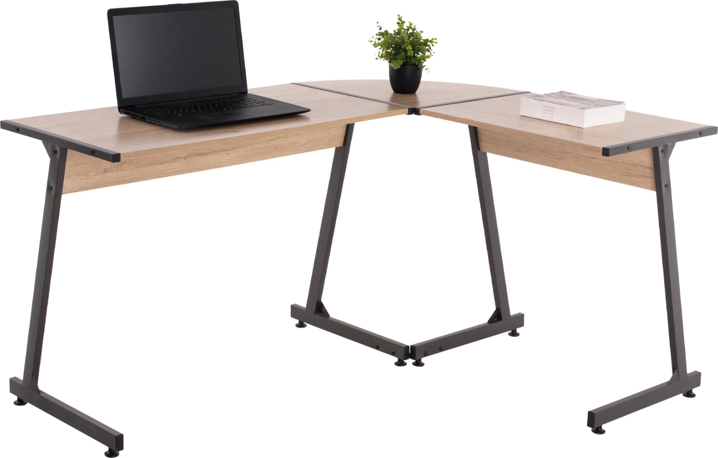 Tavolinë këndore FH9319, kornizë metalike gri e errët dhe sipërfaqe tavoline MDF ngjyrë lisi 147X112X74H cm