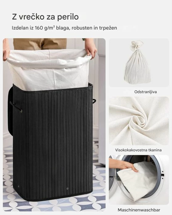 Shportë rrobash SONGMICS LCB10B, bambu e palosshme me kapak, 72 L, e zezë