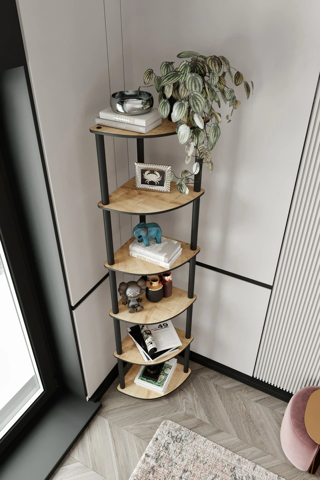 Raft këndi për libra, ngjyrë lisi, Skye Decor, 6 nivele