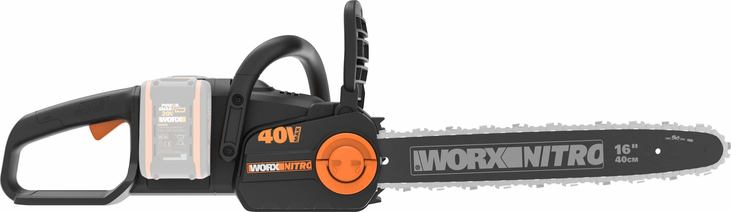 Sharrë zinxhir Worx WG385E.9 2 x 20 V 40 cm, e zezë/portokalli