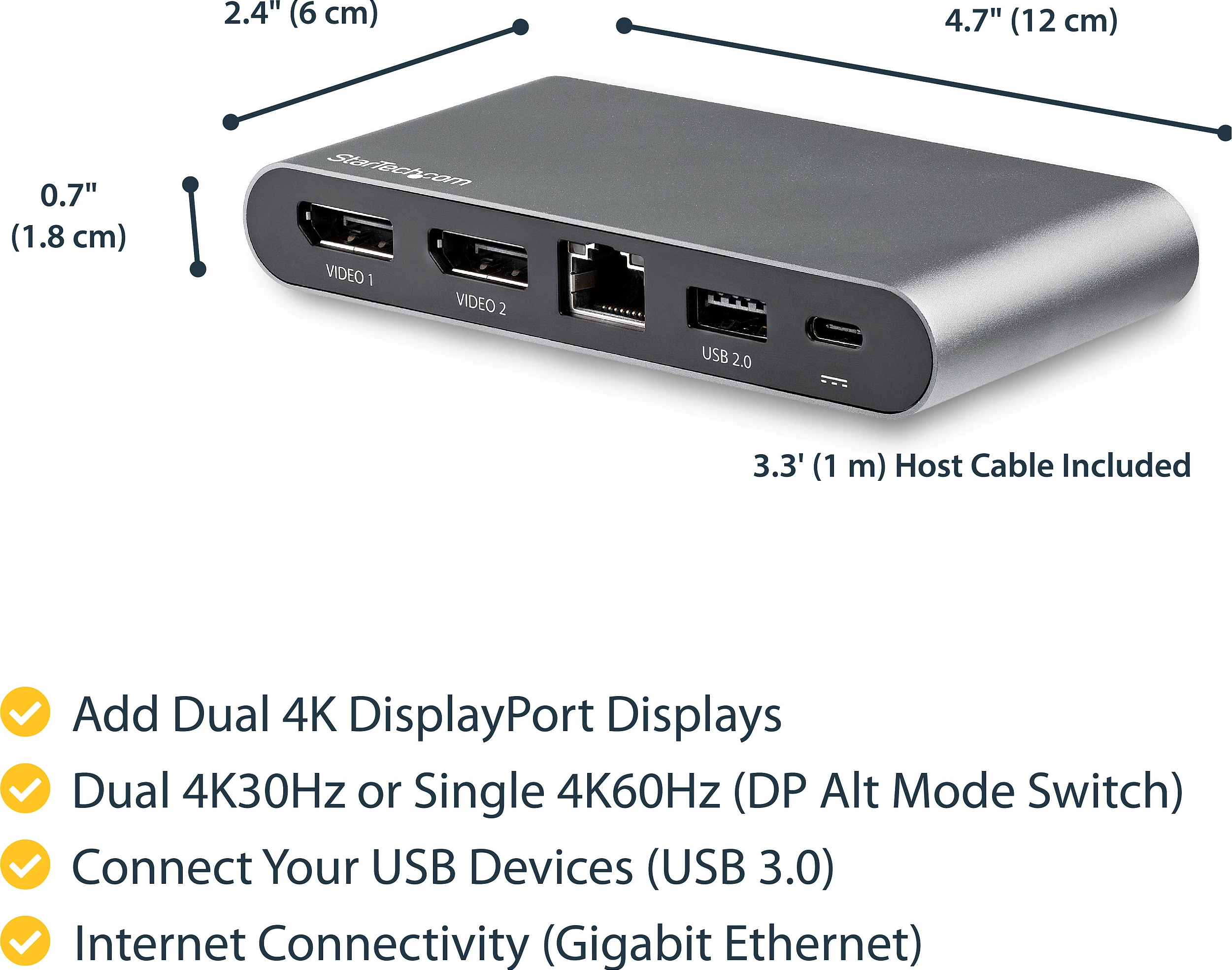 Dock USB-C StarTech, Dual DisplayPort 4K, 100W Power Delivery, GbE, 2x USB-A, gri