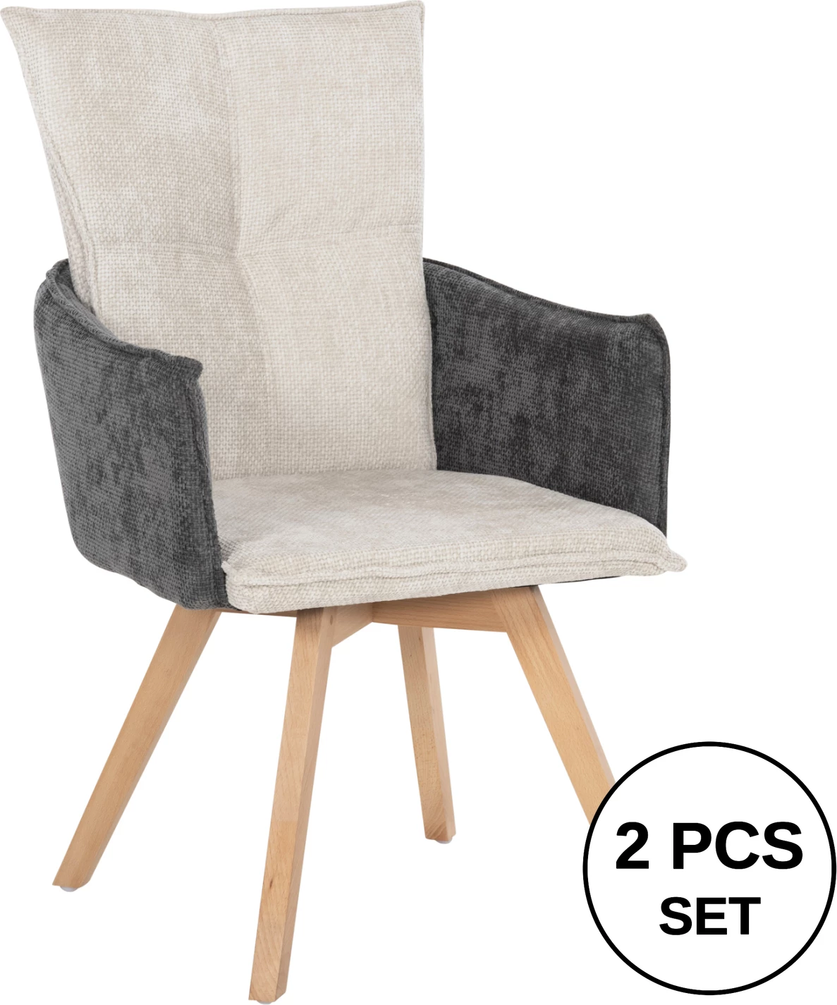 Karrige ngrënieje me krahë REX, FH9847.04, pëlhurë bezhë-gri, këmbë druri ahu, 53x60x93 cm, set prej 2 copë