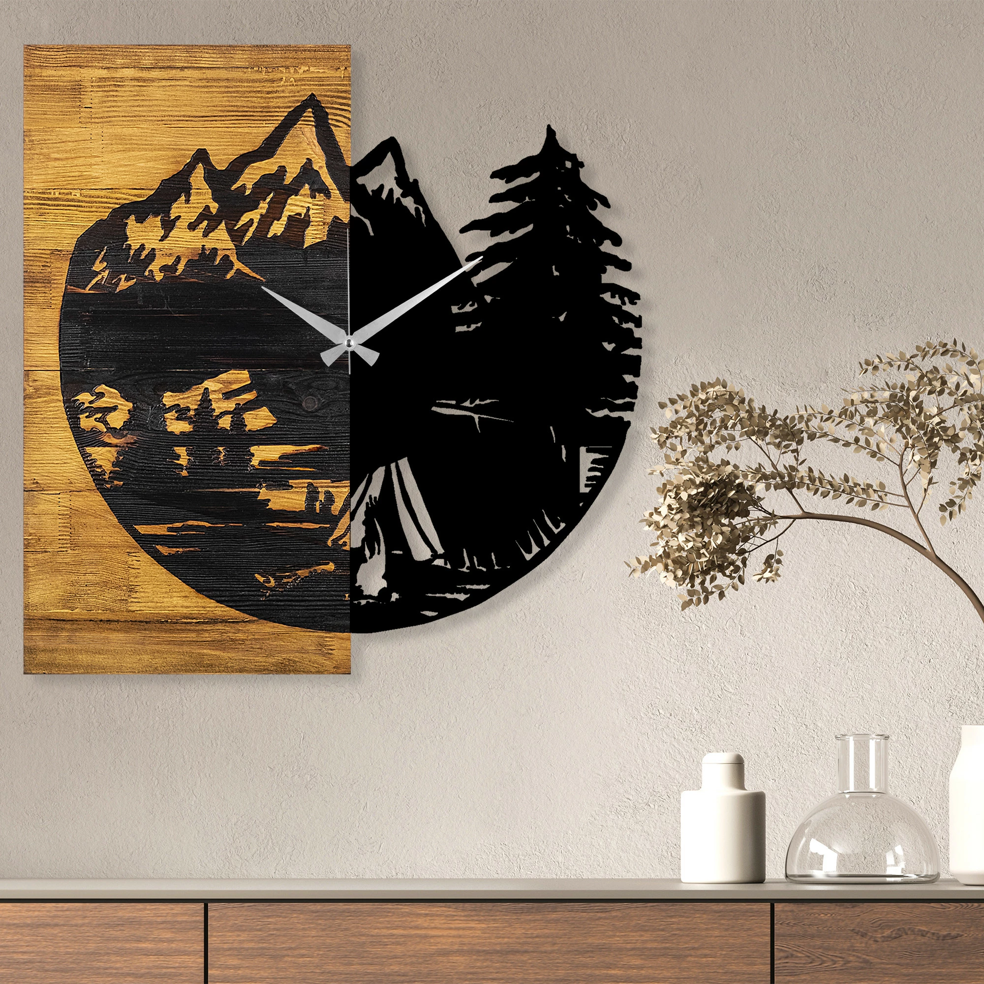 Orë muri dekorative prej druri, Wallity, ngjyrë arre dhe e zezë, 56x3x58cm