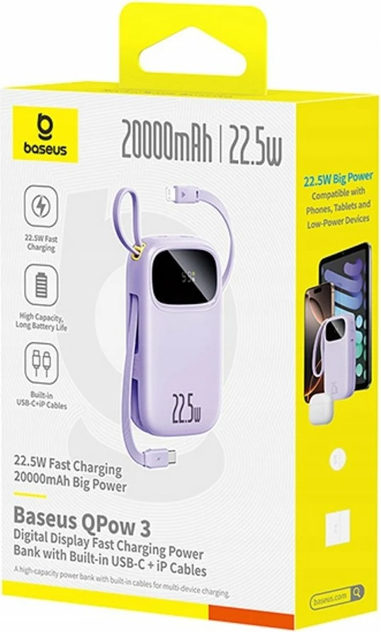Powerbank Baseus EnerFill FC21 Qpow 3 20000mAh 22.5W me ekran digjital me kabllo të integruar, vjollcë