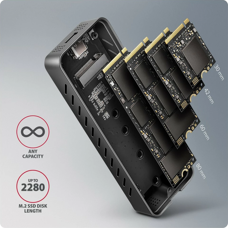 Kasë e jashtme AXAGON EEM2-20G për SSD M.2 NVMe, USB-C 3.2 Gen 2x2, 20Gbps, Alumini, E zezë