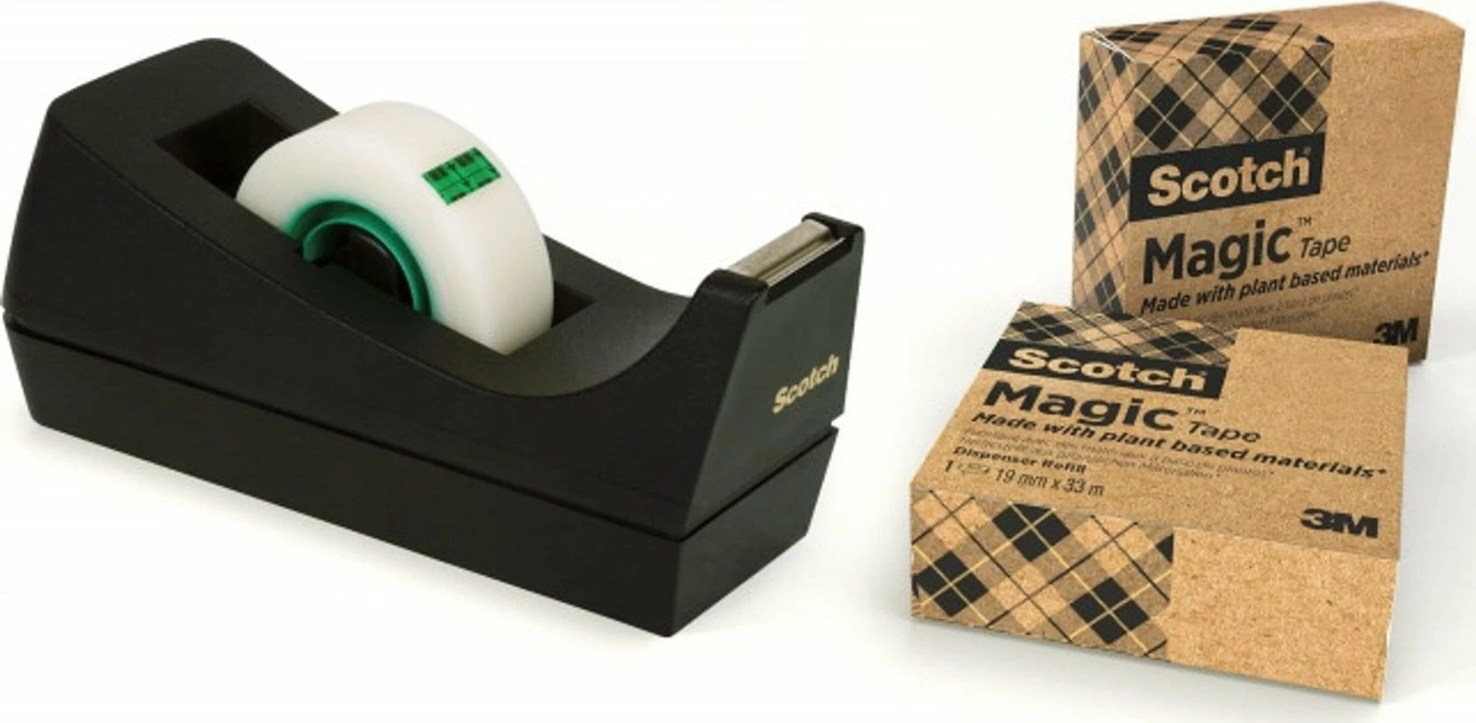 Shirit ngjitës zyre Scotch Magic Greener Choice 19mm x 33m, transparent, set 3 rrotulla + dispenser C-38 i zi