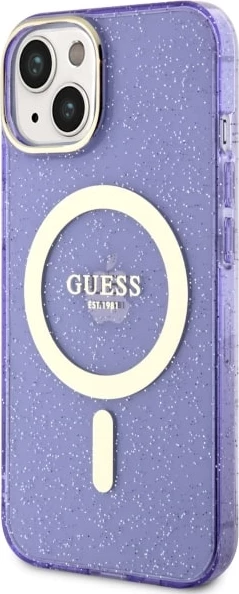 Mbështjellës Guess GUHMP14MHCMCGU për iPhone 14 Plus 6.7", Glitter Gold MagSafe, vjollcë