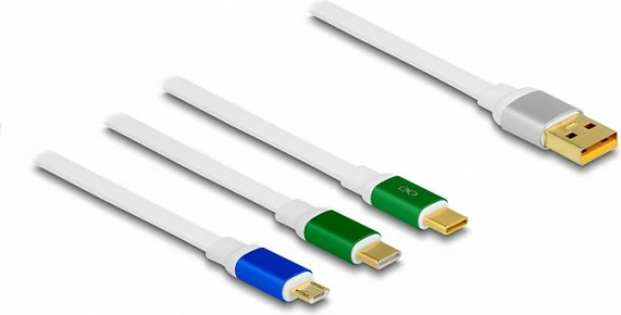 Kabllo karikimi 3-në-1 DeLOCK retraktabile, USB-A në Micro-USB + 2x USB-C, 1.13 m, 3A, e bardhë