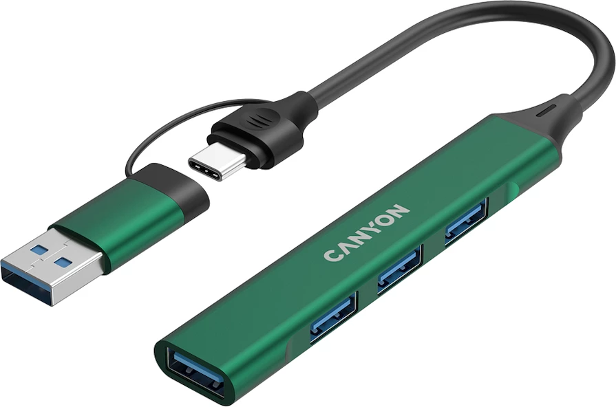 USB hub CANYON DS-02 4in1 USB-A/C, 4 porta (1x USB 3.0 + 3x USB 2.0), kabllo 15 cm, gjelbër