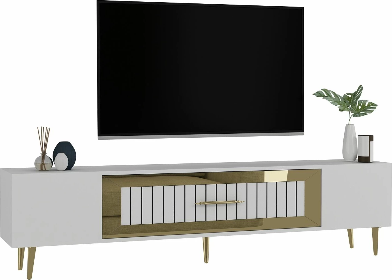 Komodë TV Skye Decor, Dekolp3, e bardhë, ari