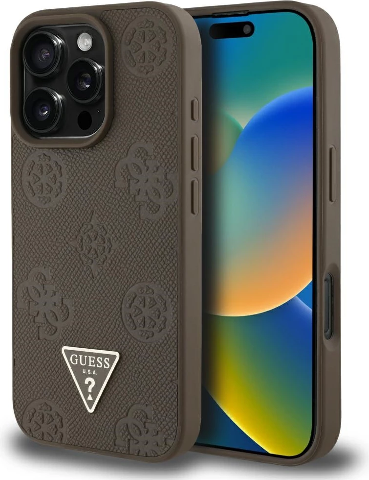 Mbështjellës Guess Grained Hot Stamp Peony Triangle Logo MagSafe për iPhone 16 Pro, Kafe