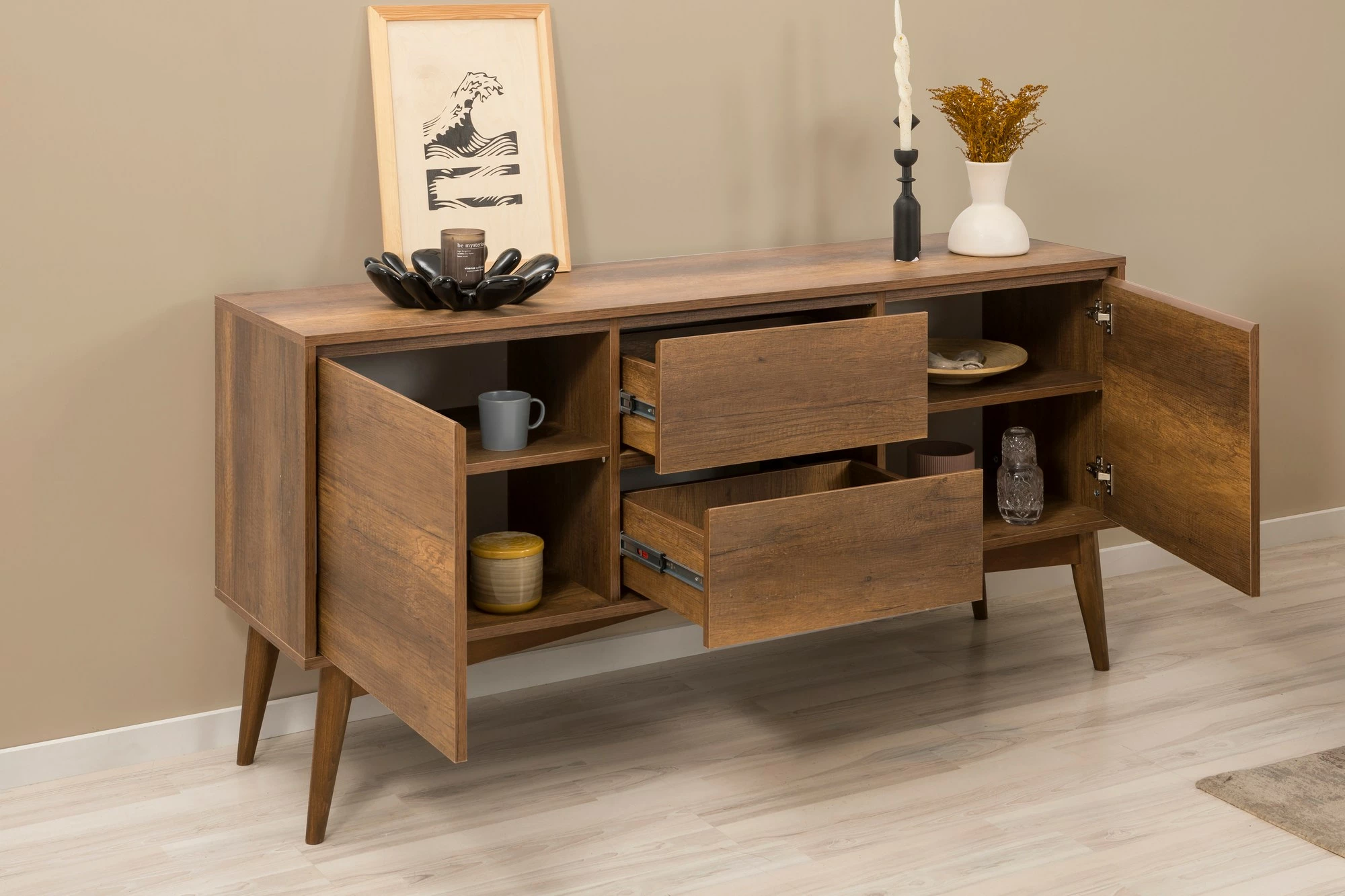 Set tavolinë me karrige dhe konsol, zgjatues, 6 pjesë, ngjyrë arrë dhe antracit, Vina 01 1053