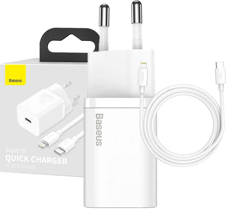 Karikues i shpejtë Baseus Super Si Quick Charger 1C, 20W, me kabllo USB-C në Lightning 1m, Bardhë