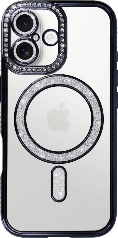 Mbështjellës MagSafe silikoni ONASI 23885 për iPhone 17, me glitter, e zezë transparente