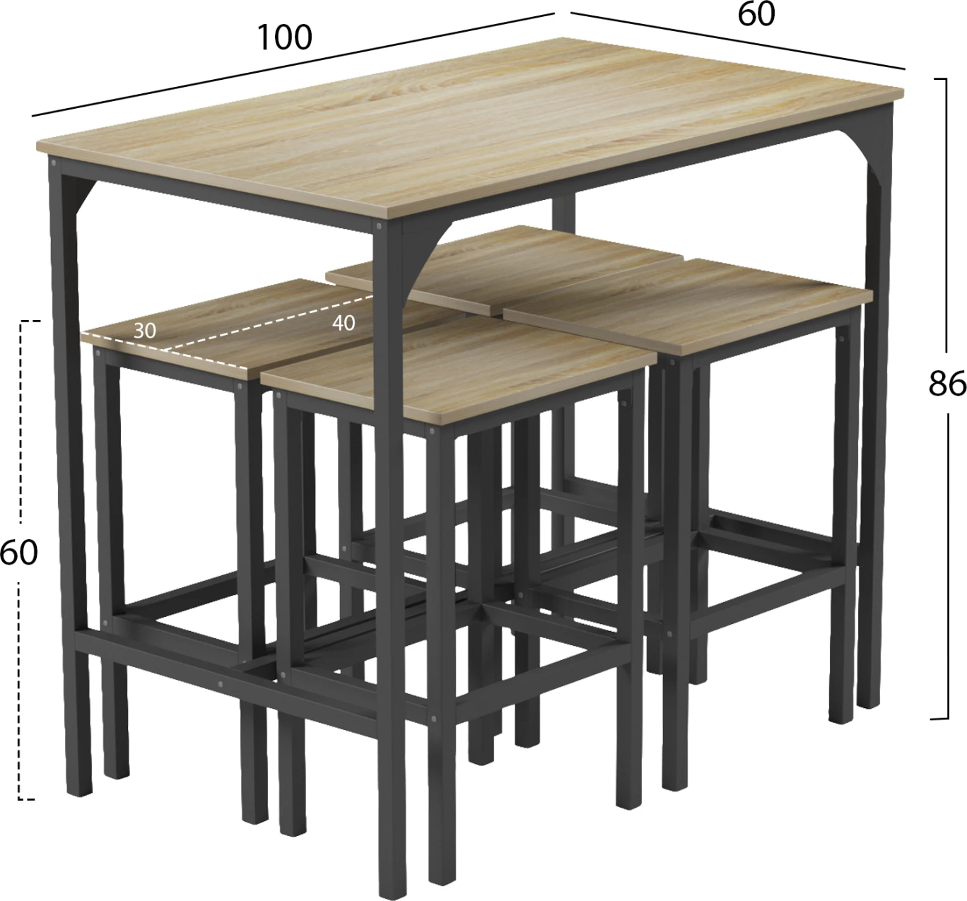 Set për bar, 5 pjesë, BOXY, FH9882.01, korniza metalike të zeza, melaminë në ngjyrë sonama