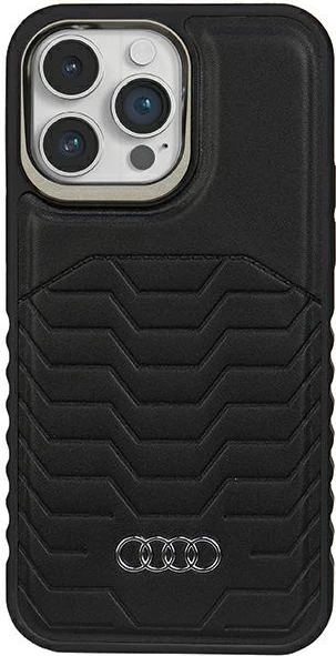 Mbështjellës Audi për iPhone 15 Pro Max, lëkurë sintetike, MagSafe, i zi