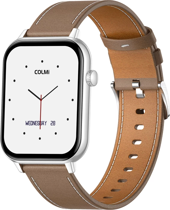 Smartwatch Colmi C28 1.93\" AMOLED, thirrje Bluetooth, AI Da GPT, 230 mAh, rrip lëkure, argjend + rrip kafe