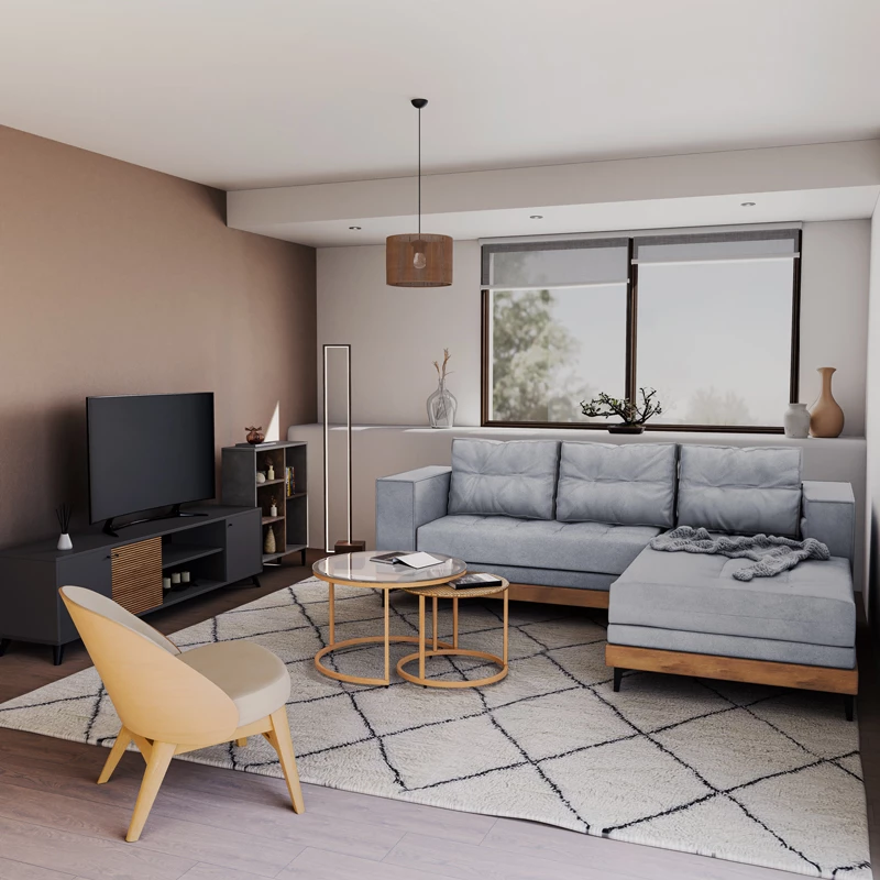 Divan qoshe i kthyeshëm Mirabel, pëlhurë gri-dru natyral, 250x184x100cm