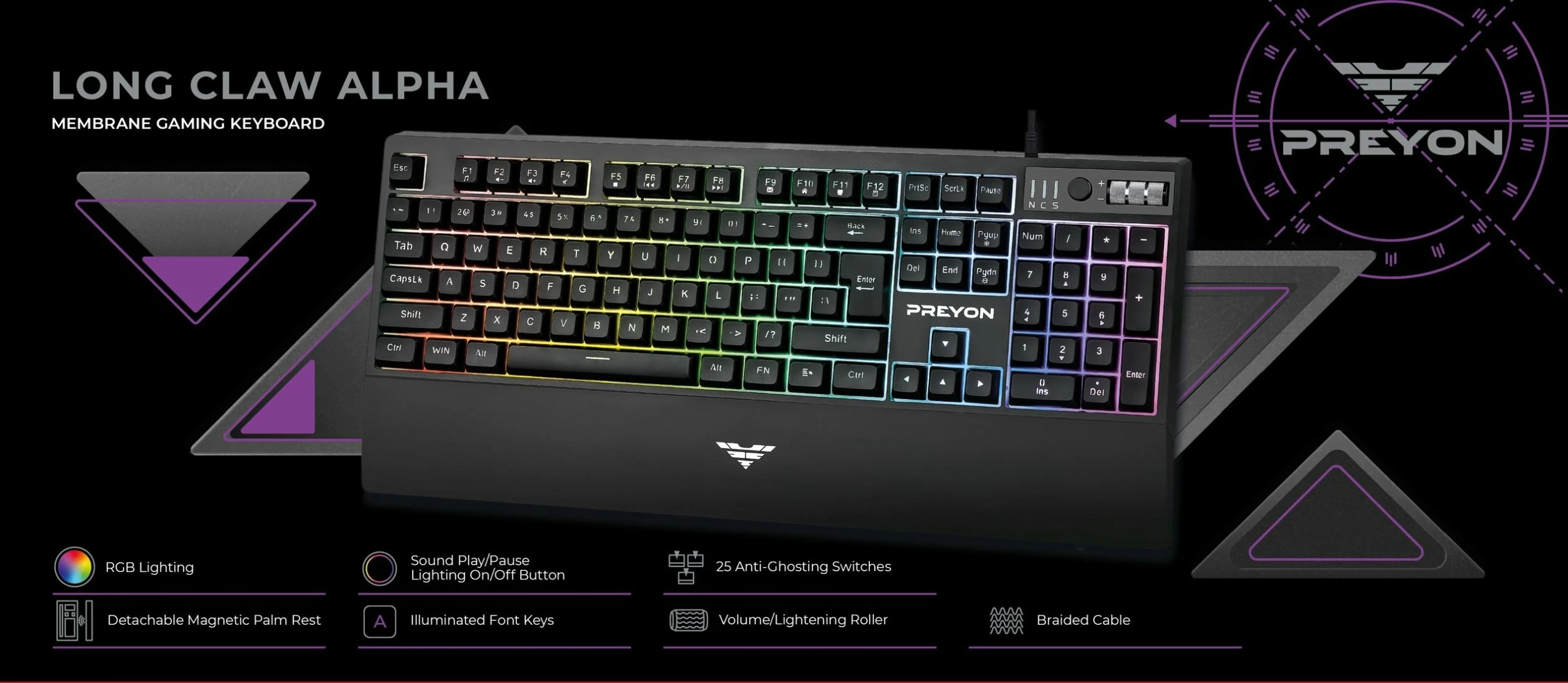 Tastierë gaming PREYON Long Claw Alpha PLCA104B, 100%, membranë, RGB, USB me kabllo, layout US, me mbështetëse dore magnetike, e zezë