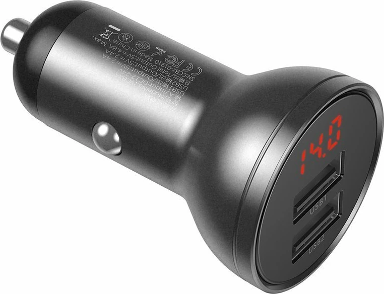 Karikues veture Baseus CCBX-0G, 2x USB, 24W, me ekran LCD, Gri