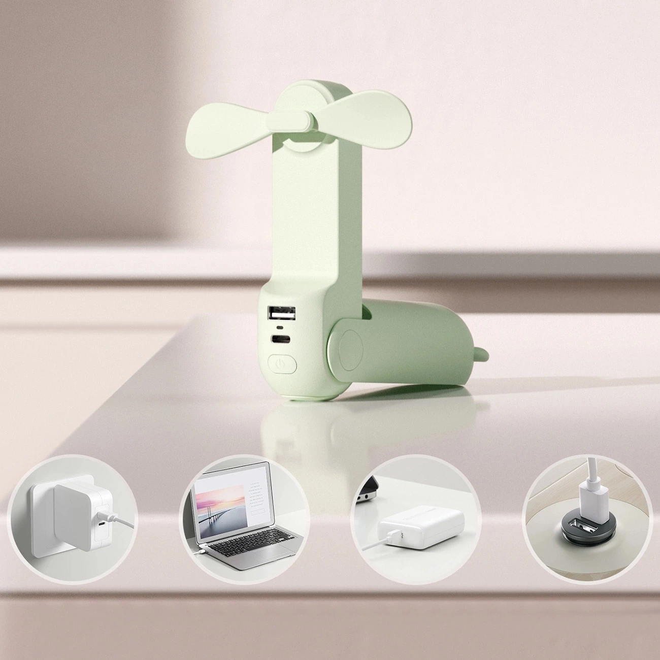 Ventilator dore Jisulife Life8 Plus, 4500 mAh, me power bank dhe dritë LED, Gjelbër
