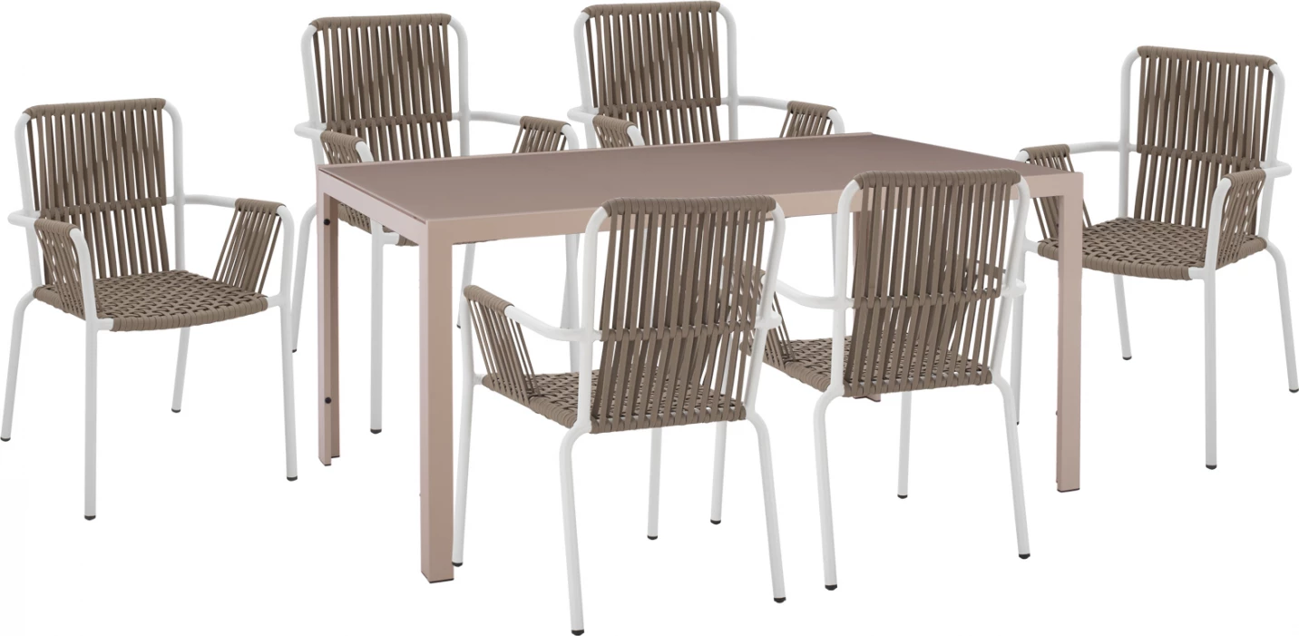 Set për terasë 7 pjesësh, tavolinë kapuçino 150x90 & karrige të bardha me litar FH11500