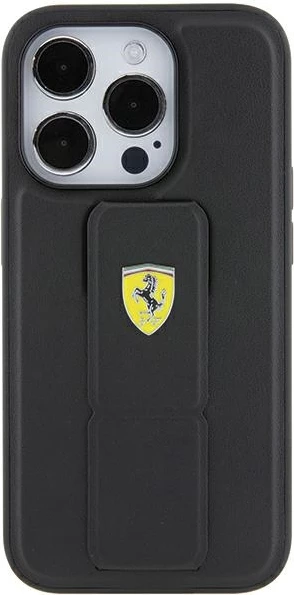 Mbështjellës Ferrari Grip Stand Metal Logo për iPhone 15 Pro, i zi