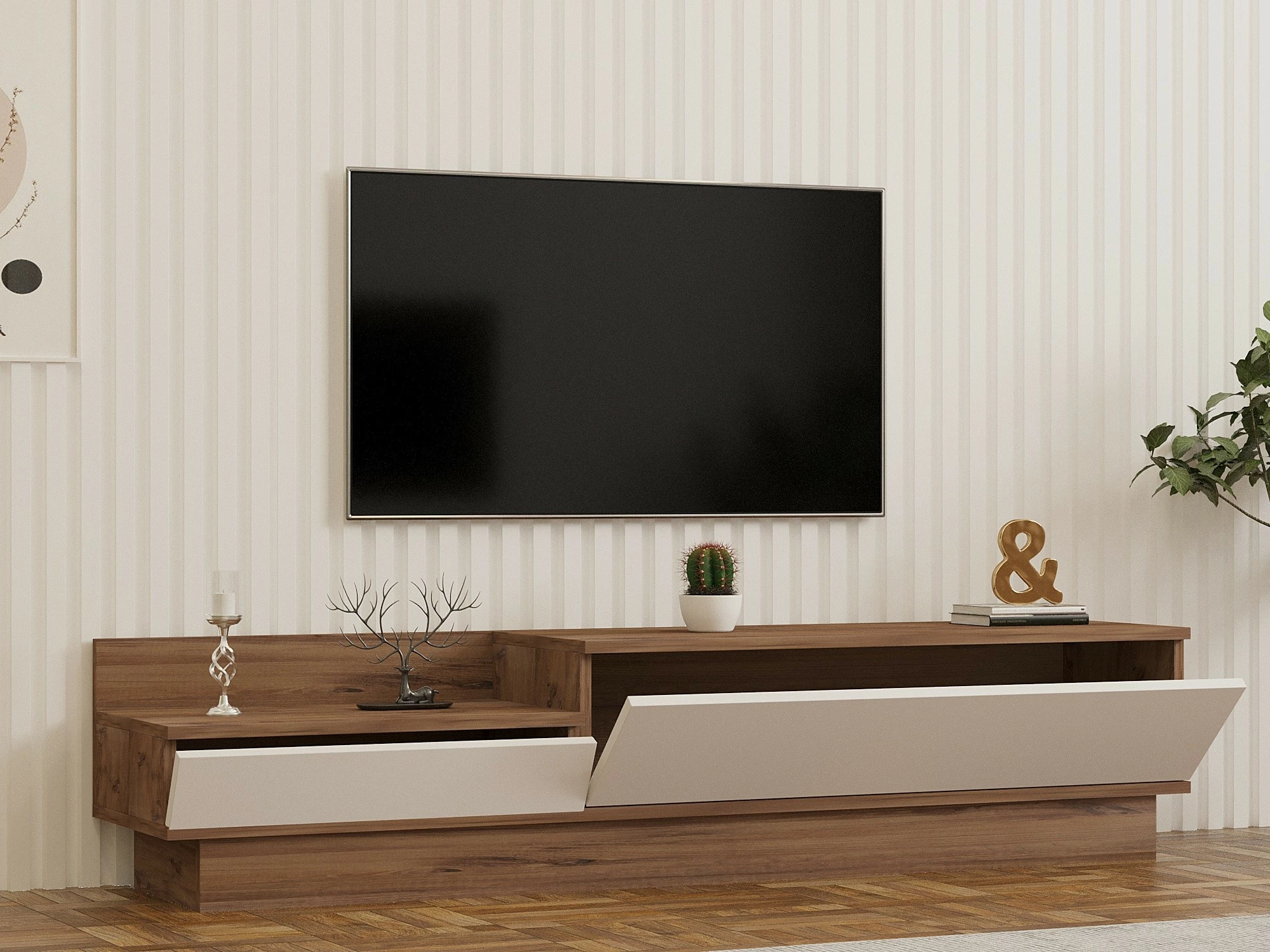 Komodë TV Hanah Home, Barko, ngjyrë pishë Atlantike dhe e bardhë