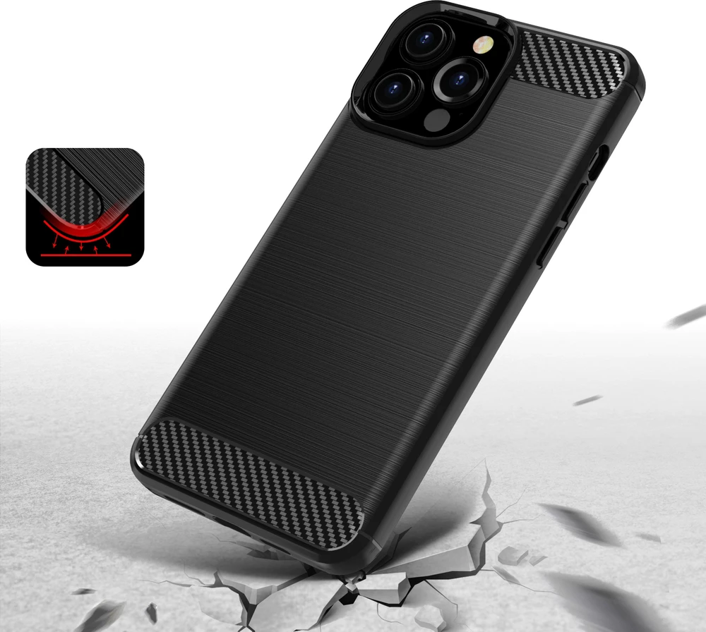Mbështjellës Hurtel Carbon Case për iPhone 13 Pro Max, TPU, i zi