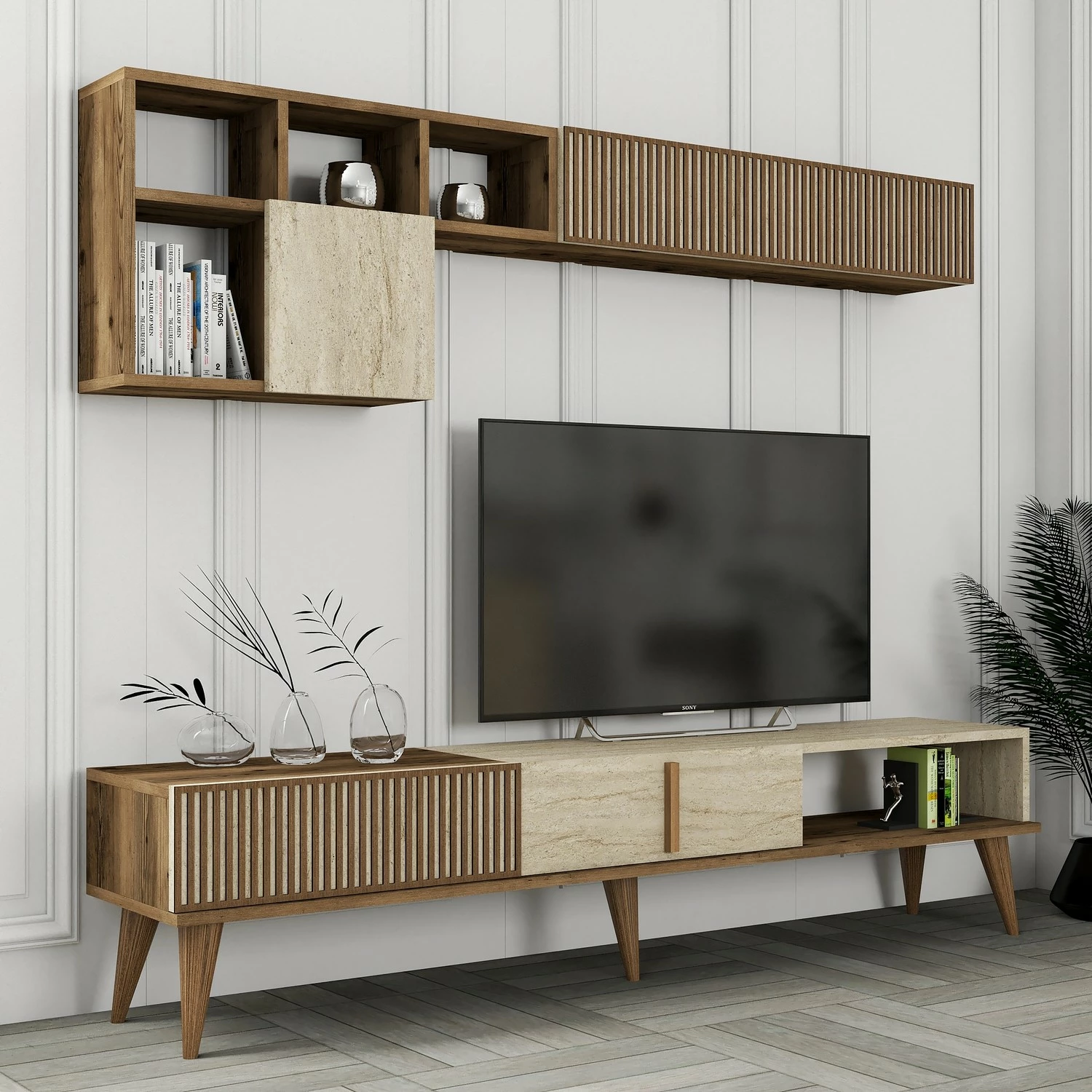 Komodë TV Hanah Home, Milan, ngjyrë arre dhe travertin