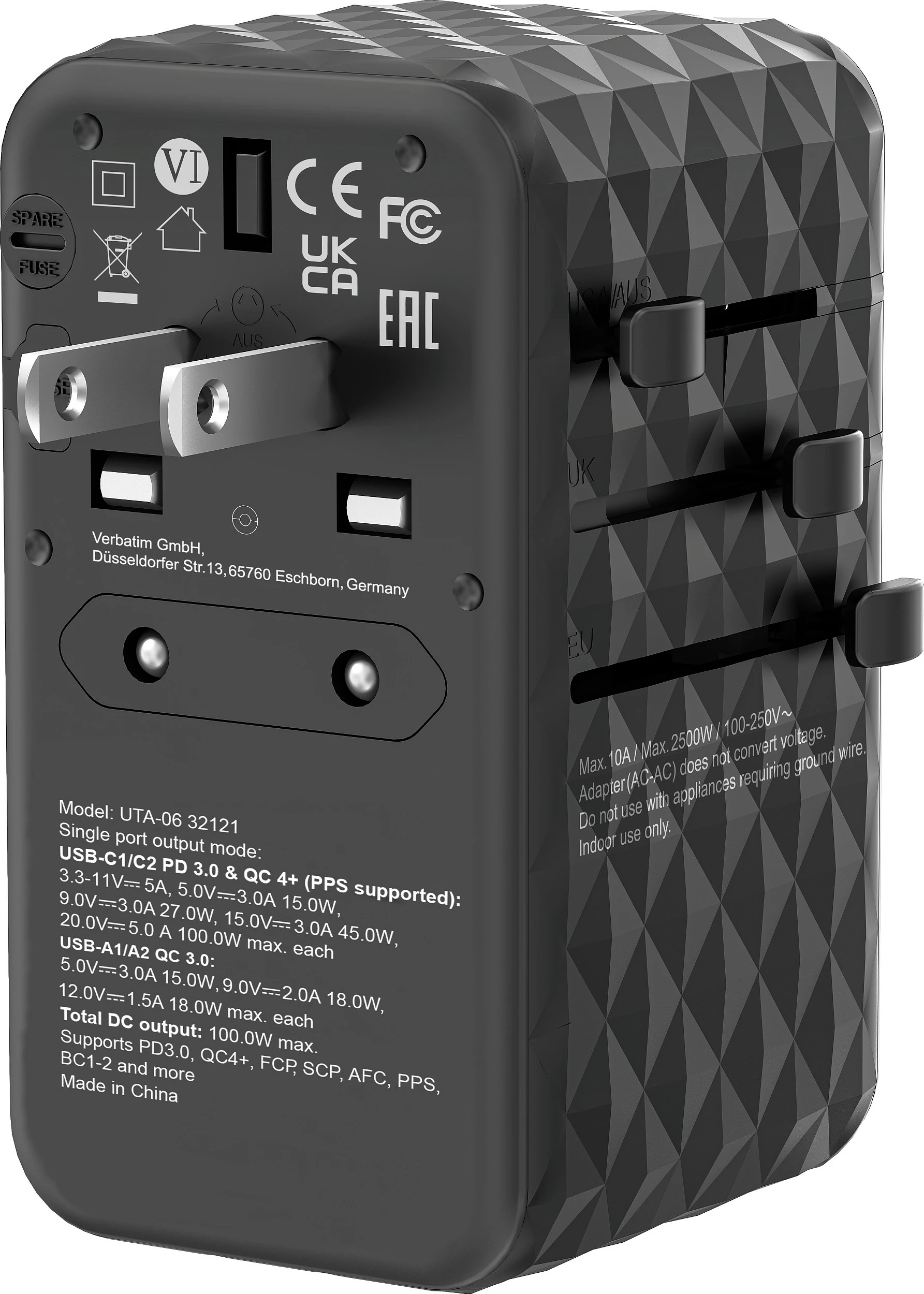 Adapter udhëtimi Verbatim UTA-06 GaN III, 100W, 2x USB-C PD, 2x USB-A QC, i zi