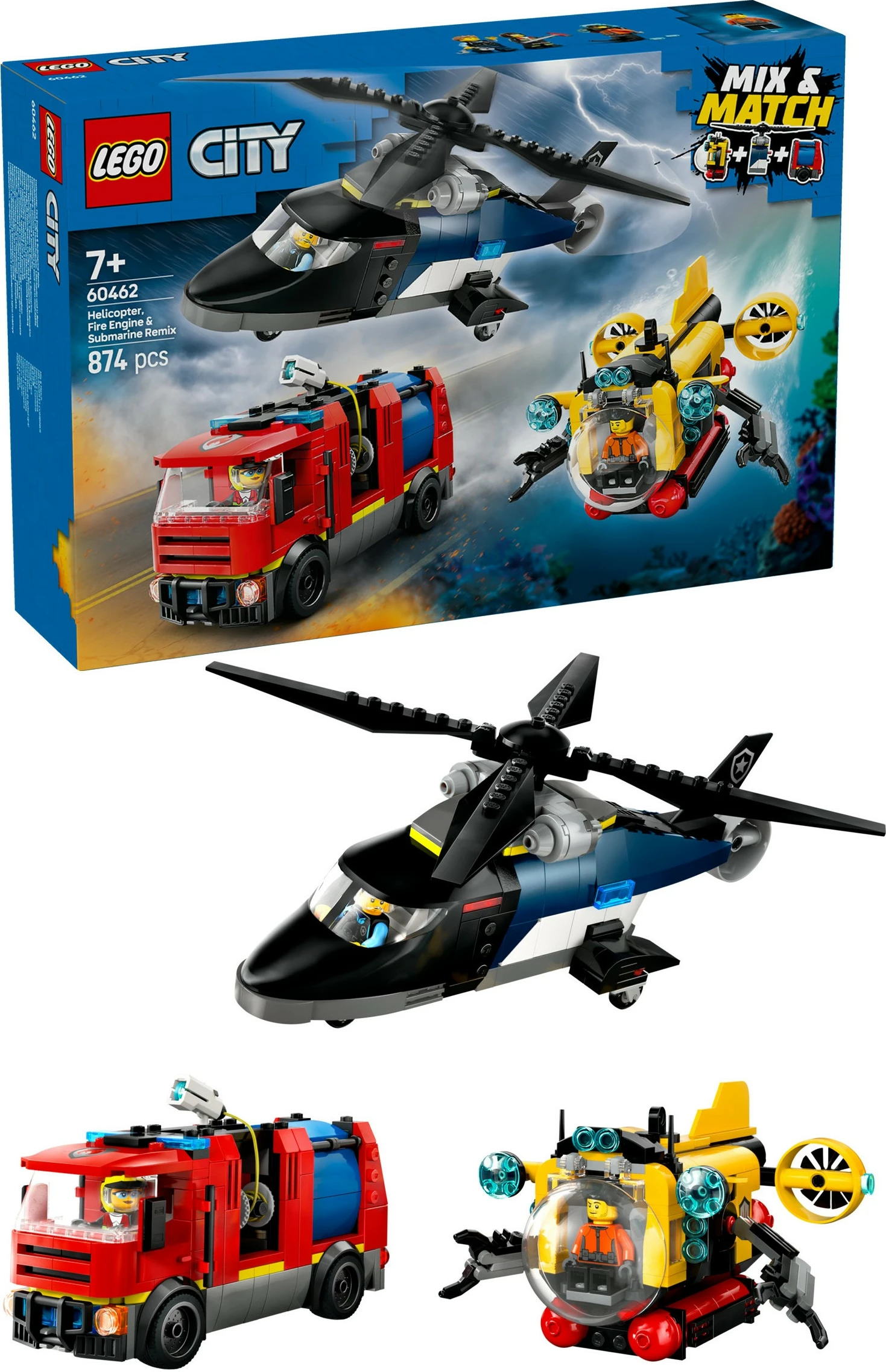 Set ndërtimi LEGO City 60462, helikopter, kamion zjarrfikës, nëndetëse, 874 pjesë, multingjyrësh