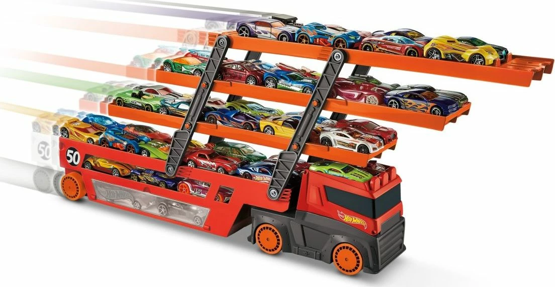 Kamion transporter lodër Hot Wheels Mega Transporter GHR48, 50th Anniversary, mban deri 50 makina, portokalli
