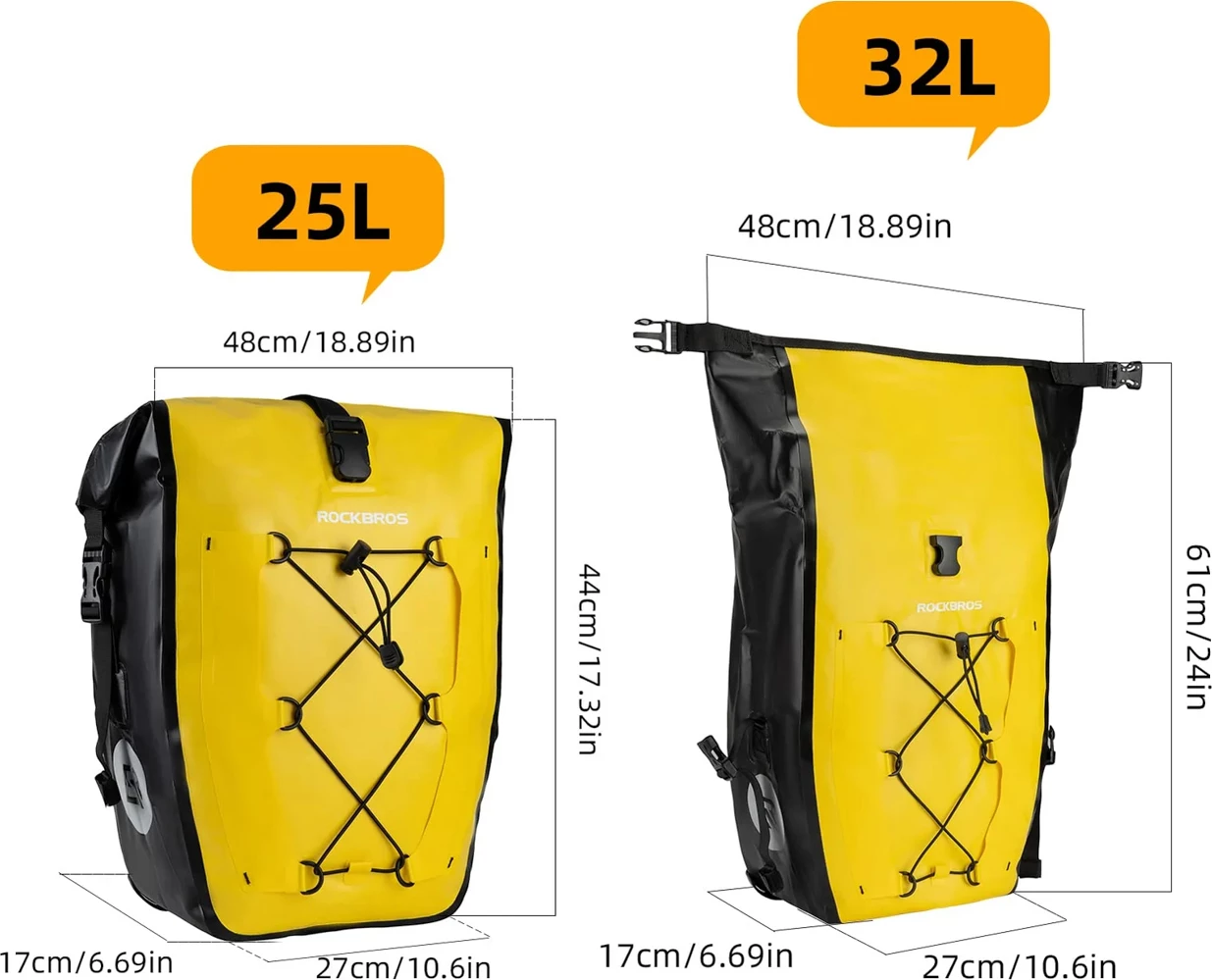 Çantë anësore për biçikletë Rockbros 30140022005, 25-32 l, e papërshkueshme nga uji, PVC, për bagazhier, e verdhë