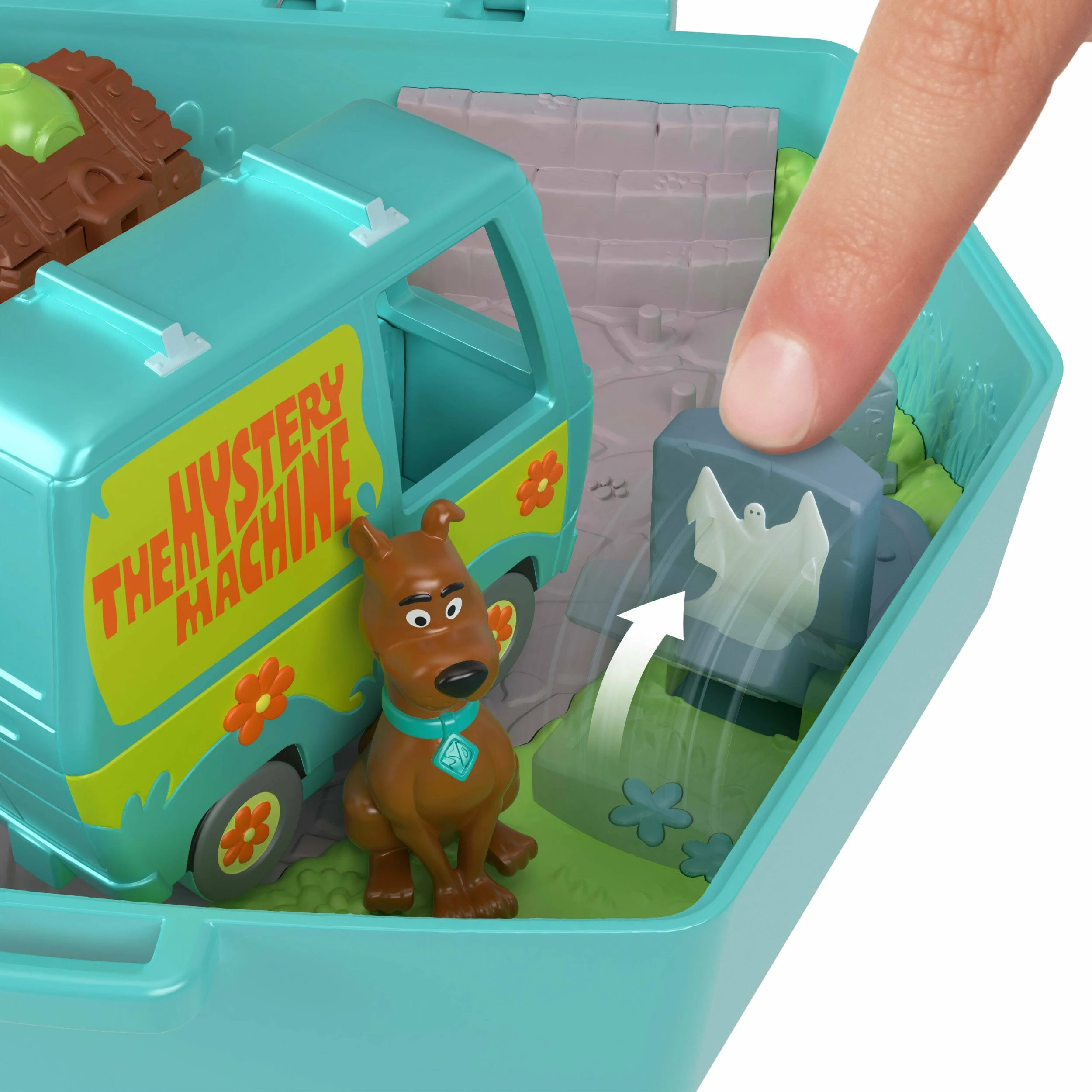 Set lodrash Mattel Polly Pocket x Scooby-Doo Compact Mystery Vehicle JKC85, me mini figura Scooby-Doo dhe Velma, me pjesë të lëvizshme, tirkiz