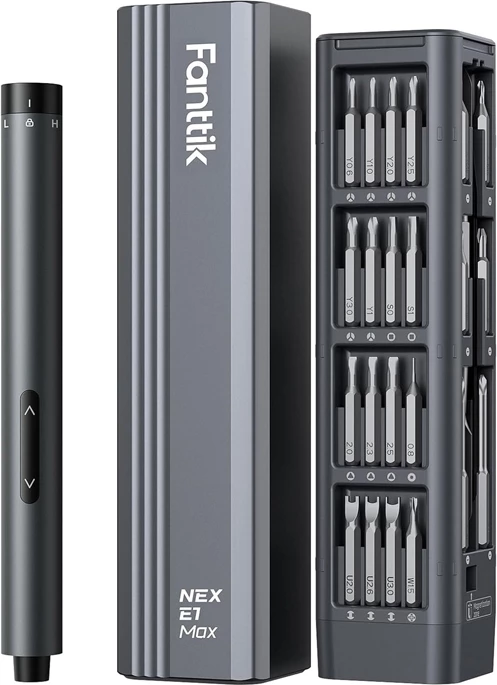 Kaçavidë elektrike precize, Fanttik E1 Max, 3.7V, çift rrotullimi 0.05/0.2 Nm, 200 rpm, bateri 350 mAh, gri, set 50 bita