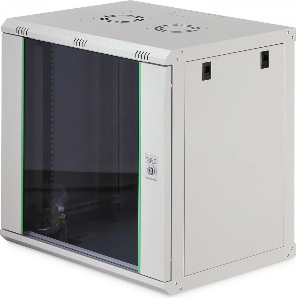 kabinet rrjeti muror Digitus DN-37108 Dynamic 19" 12U, 607×600×450 mm, x4 shina të rregullueshme, derë xhami, IP20, ngarkesë 60 kg, gri