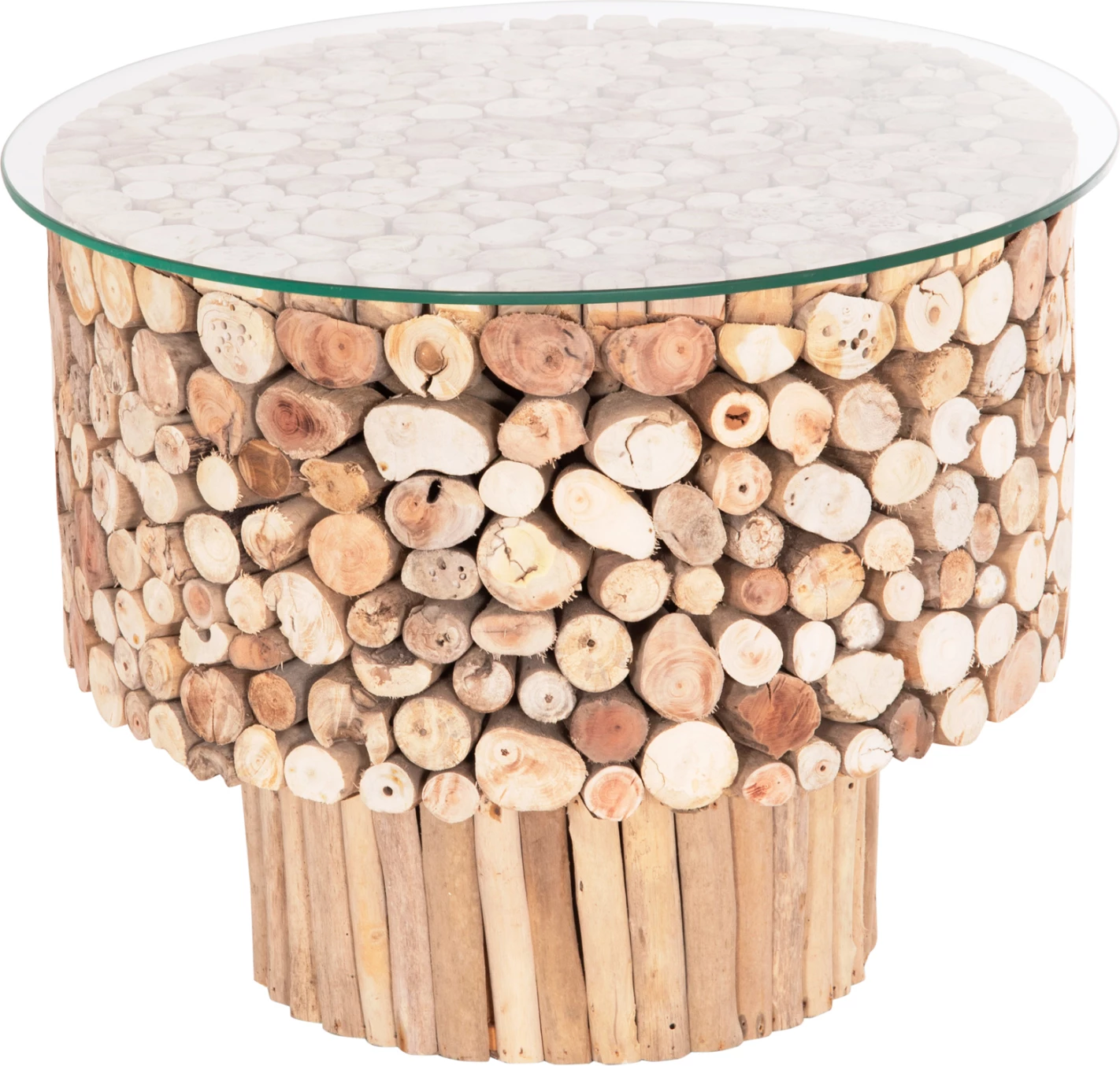 Tavolinë kafeje rrethore SPARROW, dru i larë nga deti, xham, Φ65x51.5cm