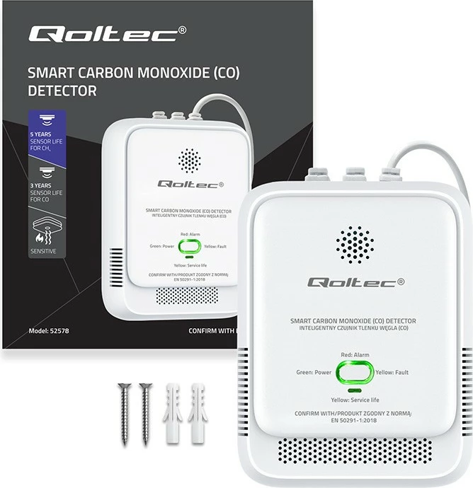 Sensor monoksidi karboni (CO), Qoltec 52576, alarm 85 dB + LED, sensor elektro-kimik, i bardhë